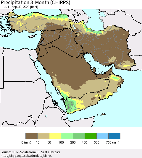 Middle East and Turkey Precipitation 3-Month (CHIRPS) Thematic Map For 7/1/2020 - 9/30/2020