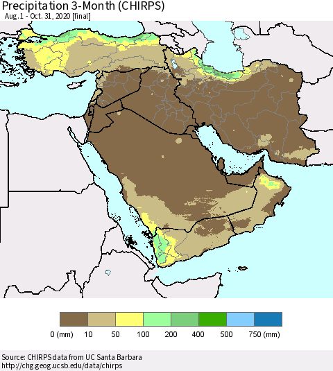 Middle East and Turkey Precipitation 3-Month (CHIRPS) Thematic Map For 8/1/2020 - 10/31/2020