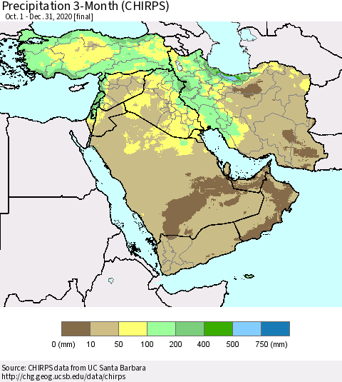 Middle East and Turkey Precipitation 3-Month (CHIRPS) Thematic Map For 10/1/2020 - 12/31/2020