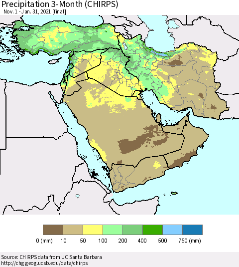 Middle East and Turkey Precipitation 3-Month (CHIRPS) Thematic Map For 11/1/2020 - 1/31/2021