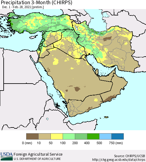 Middle East and Turkey Precipitation 3-Month (CHIRPS) Thematic Map For 12/1/2020 - 2/28/2021