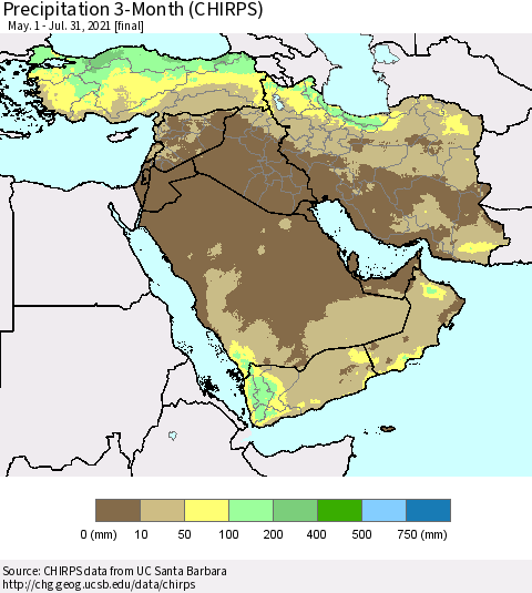 Middle East and Turkey Precipitation 3-Month (CHIRPS) Thematic Map For 5/1/2021 - 7/31/2021
