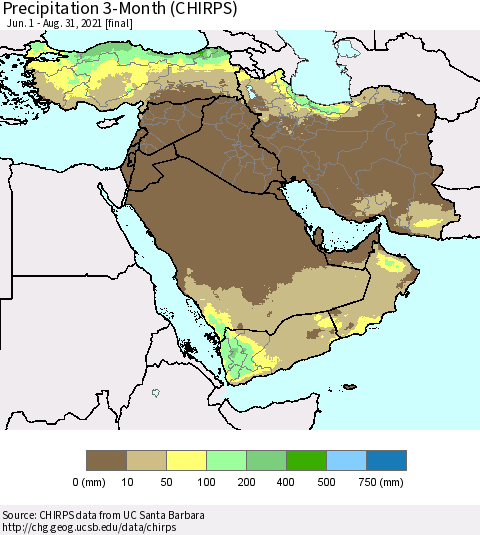 Middle East and Turkey Precipitation 3-Month (CHIRPS) Thematic Map For 6/1/2021 - 8/31/2021