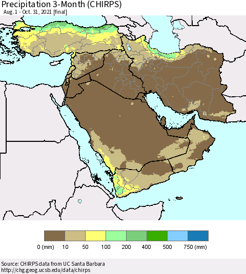 Middle East and Turkey Precipitation 3-Month (CHIRPS) Thematic Map For 8/1/2021 - 10/31/2021