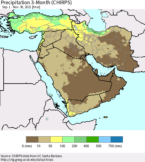 Middle East and Turkey Precipitation 3-Month (CHIRPS) Thematic Map For 9/1/2021 - 11/30/2021