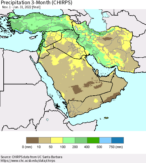 Middle East and Turkey Precipitation 3-Month (CHIRPS) Thematic Map For 11/1/2021 - 1/31/2022