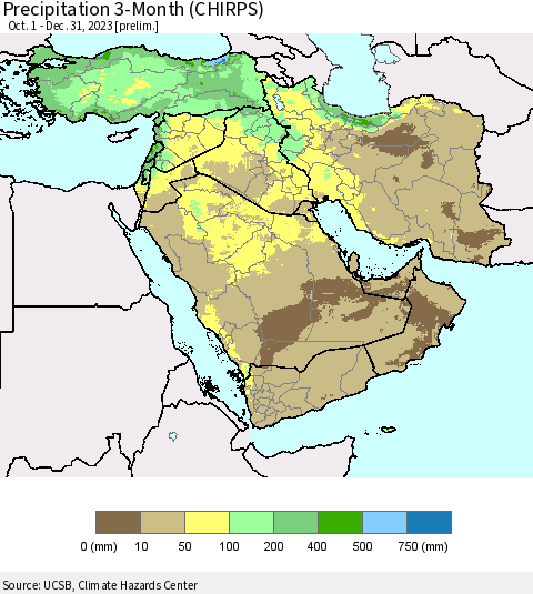 Middle East and Turkey Precipitation 3-Month (CHIRPS) Thematic Map For 10/1/2023 - 12/31/2023