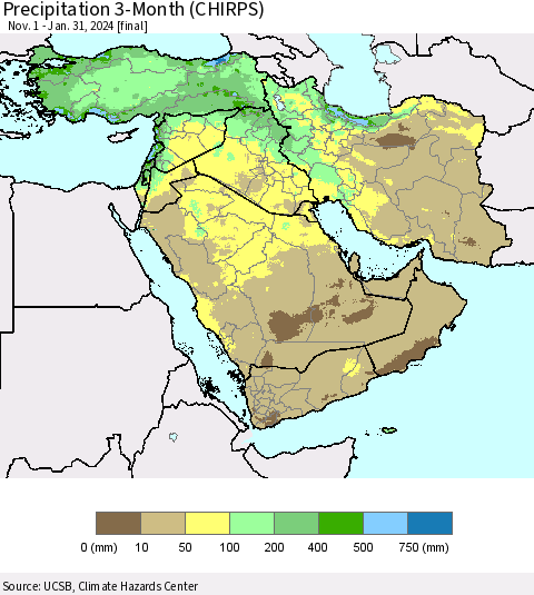 Middle East and Turkey Precipitation 3-Month (CHIRPS) Thematic Map For 11/1/2023 - 1/31/2024