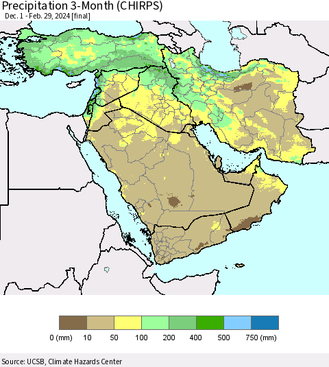 Middle East and Turkey Precipitation 3-Month (CHIRPS) Thematic Map For 12/1/2023 - 2/29/2024