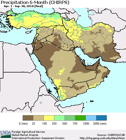Middle East and Turkey Precipitation 6-Month (CHIRPS) Thematic Map For 4/1/2018 - 9/30/2018