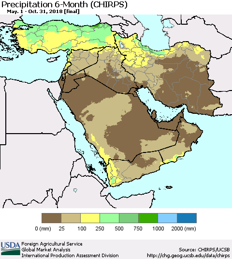 Middle East and Turkey Precipitation 6-Month (CHIRPS) Thematic Map For 5/1/2018 - 10/31/2018