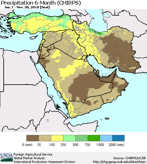 Middle East and Turkey Precipitation 6-Month (CHIRPS) Thematic Map For 6/1/2018 - 11/30/2018
