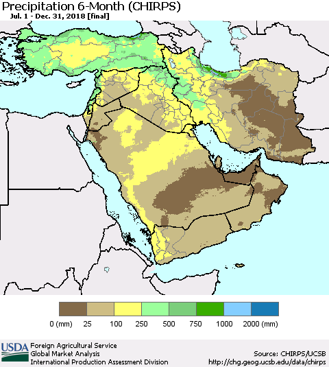 Middle East and Turkey Precipitation 6-Month (CHIRPS) Thematic Map For 7/1/2018 - 12/31/2018