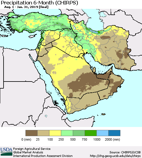 Middle East and Turkey Precipitation 6-Month (CHIRPS) Thematic Map For 8/1/2018 - 1/31/2019
