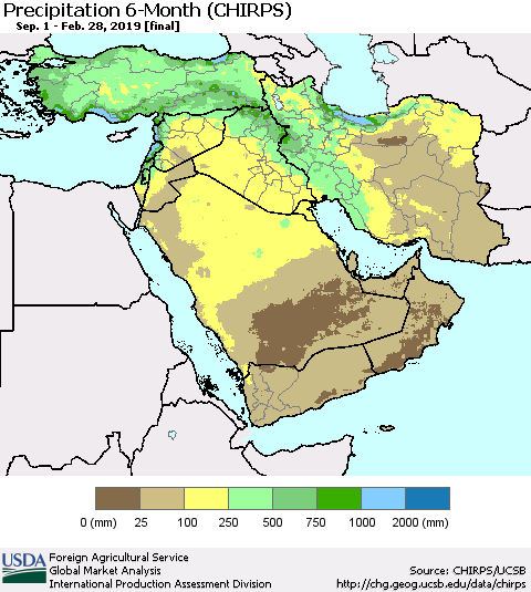 Middle East and Turkey Precipitation 6-Month (CHIRPS) Thematic Map For 9/1/2018 - 2/28/2019