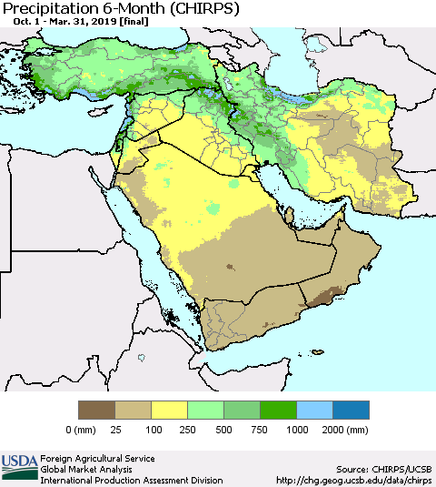Middle East and Turkey Precipitation 6-Month (CHIRPS) Thematic Map For 10/1/2018 - 3/31/2019