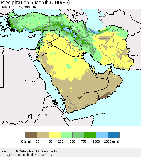 Middle East and Turkey Precipitation 6-Month (CHIRPS) Thematic Map For 11/1/2018 - 4/30/2019