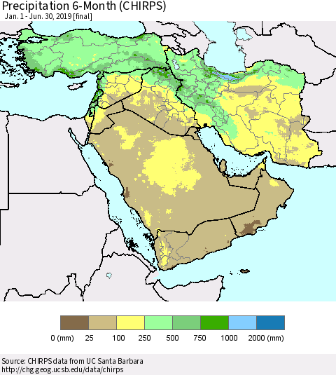 Middle East and Turkey Precipitation 6-Month (CHIRPS) Thematic Map For 1/1/2019 - 6/30/2019