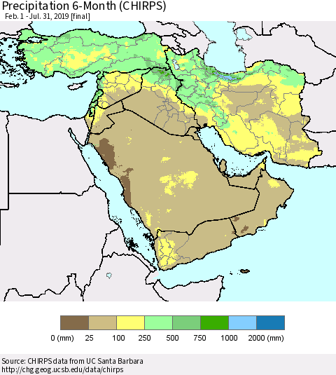Middle East and Turkey Precipitation 6-Month (CHIRPS) Thematic Map For 2/1/2019 - 7/31/2019