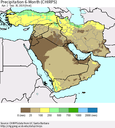 Middle East and Turkey Precipitation 6-Month (CHIRPS) Thematic Map For 4/1/2019 - 9/30/2019