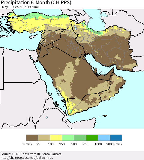 Middle East and Turkey Precipitation 6-Month (CHIRPS) Thematic Map For 5/1/2019 - 10/31/2019