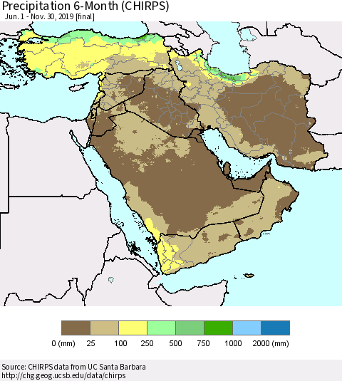 Middle East and Turkey Precipitation 6-Month (CHIRPS) Thematic Map For 6/1/2019 - 11/30/2019