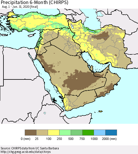 Middle East and Turkey Precipitation 6-Month (CHIRPS) Thematic Map For 8/1/2019 - 1/31/2020