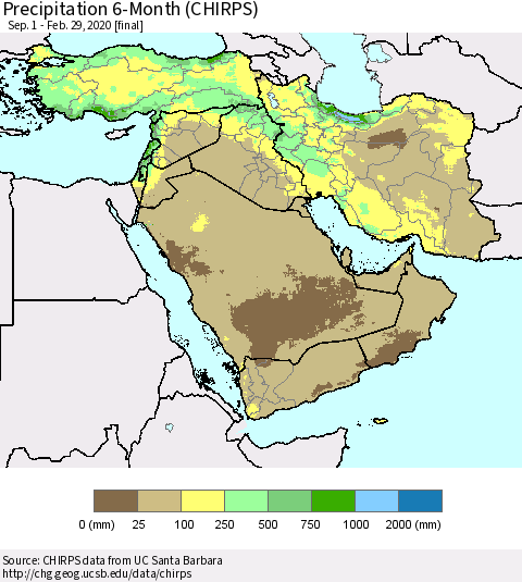 Middle East and Turkey Precipitation 6-Month (CHIRPS) Thematic Map For 9/1/2019 - 2/29/2020