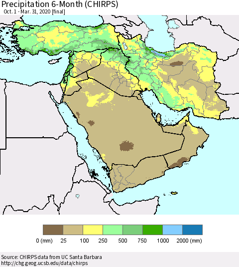 Middle East and Turkey Precipitation 6-Month (CHIRPS) Thematic Map For 10/1/2019 - 3/31/2020