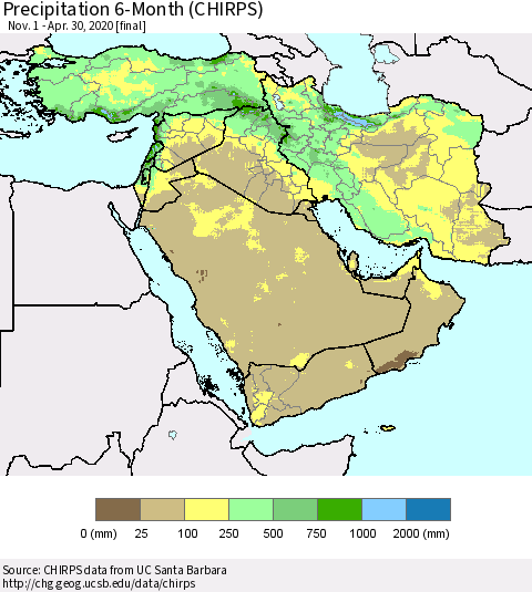Middle East and Turkey Precipitation 6-Month (CHIRPS) Thematic Map For 11/1/2019 - 4/30/2020