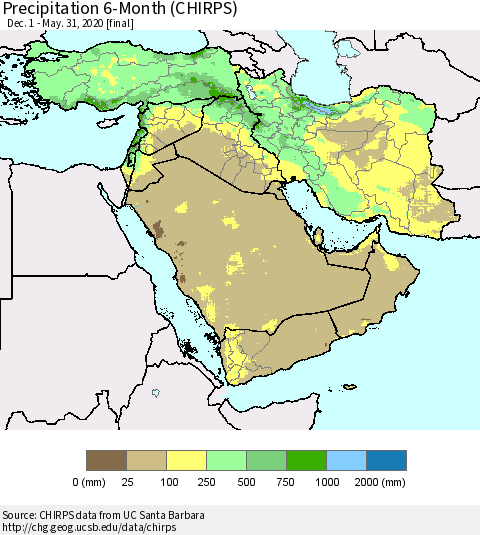 Middle East and Turkey Precipitation 6-Month (CHIRPS) Thematic Map For 12/1/2019 - 5/31/2020