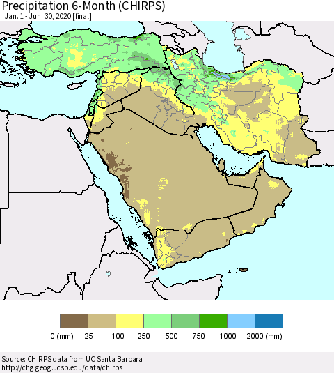 Middle East and Turkey Precipitation 6-Month (CHIRPS) Thematic Map For 1/1/2020 - 6/30/2020