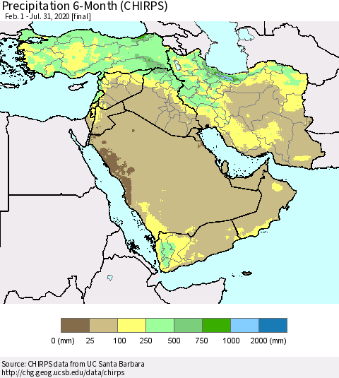Middle East and Turkey Precipitation 6-Month (CHIRPS) Thematic Map For 2/1/2020 - 7/31/2020