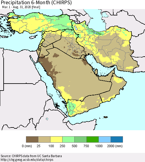 Middle East and Turkey Precipitation 6-Month (CHIRPS) Thematic Map For 3/1/2020 - 8/31/2020