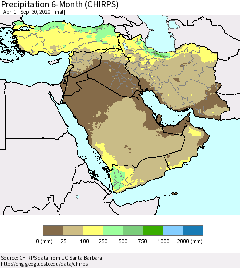 Middle East and Turkey Precipitation 6-Month (CHIRPS) Thematic Map For 4/1/2020 - 9/30/2020