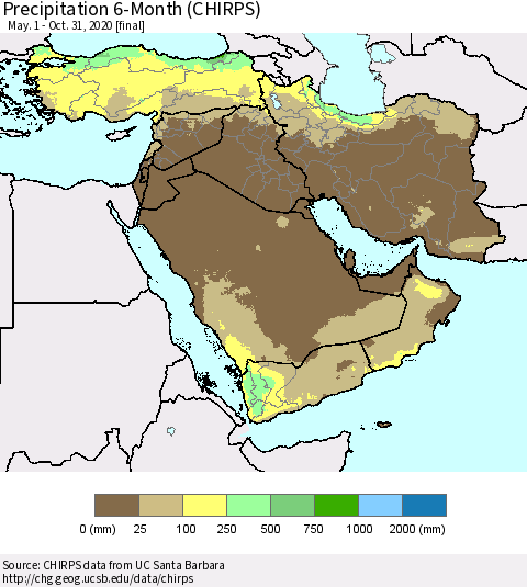 Middle East and Turkey Precipitation 6-Month (CHIRPS) Thematic Map For 5/1/2020 - 10/31/2020