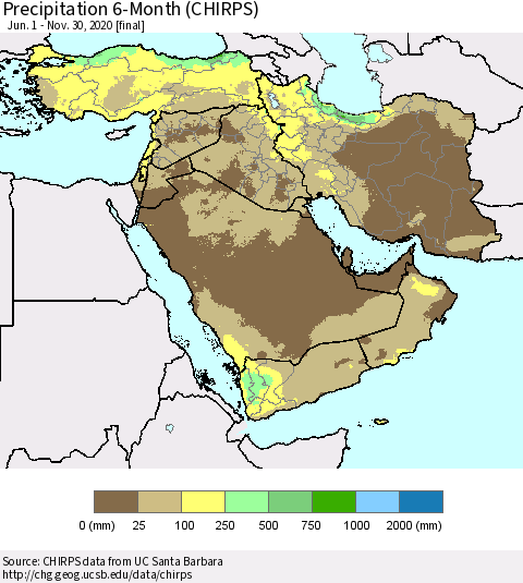Middle East and Turkey Precipitation 6-Month (CHIRPS) Thematic Map For 6/1/2020 - 11/30/2020