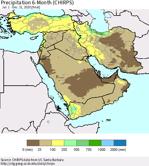 Middle East and Turkey Precipitation 6-Month (CHIRPS) Thematic Map For 7/1/2020 - 12/31/2020