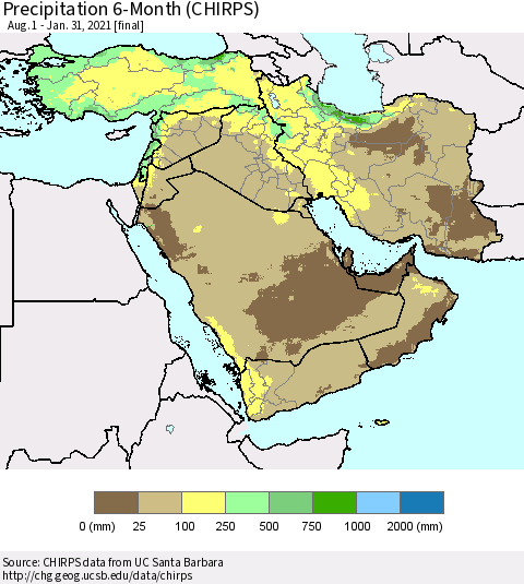 Middle East and Turkey Precipitation 6-Month (CHIRPS) Thematic Map For 8/1/2020 - 1/31/2021