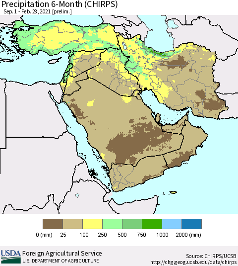 Middle East and Turkey Precipitation 6-Month (CHIRPS) Thematic Map For 9/1/2020 - 2/28/2021