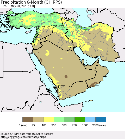 Middle East and Turkey Precipitation 6-Month (CHIRPS) Thematic Map For 12/1/2020 - 5/31/2021