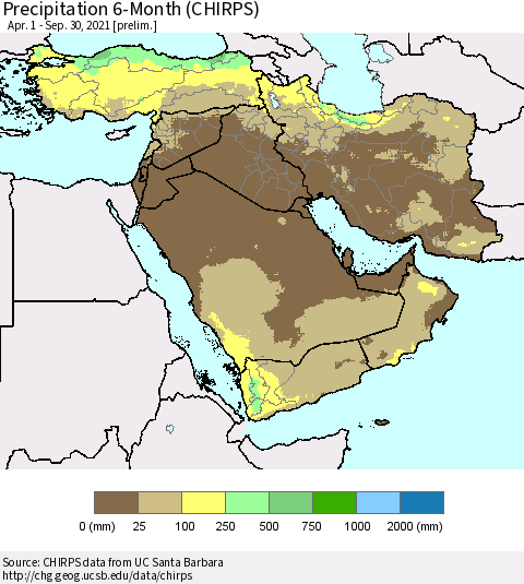 Middle East and Turkey Precipitation 6-Month (CHIRPS) Thematic Map For 4/1/2021 - 9/30/2021
