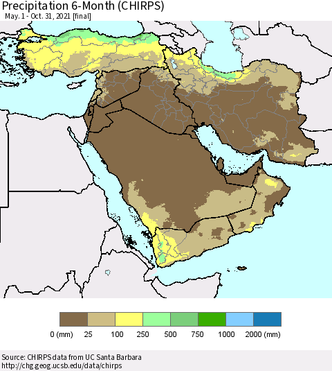 Middle East and Turkey Precipitation 6-Month (CHIRPS) Thematic Map For 5/1/2021 - 10/31/2021