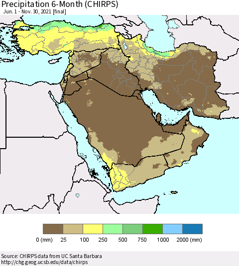 Middle East and Turkey Precipitation 6-Month (CHIRPS) Thematic Map For 6/1/2021 - 11/30/2021