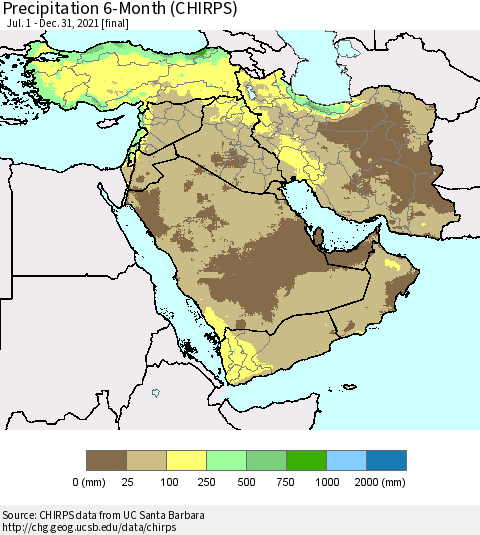 Middle East and Turkey Precipitation 6-Month (CHIRPS) Thematic Map For 7/1/2021 - 12/31/2021