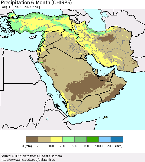 Middle East and Turkey Precipitation 6-Month (CHIRPS) Thematic Map For 8/1/2021 - 1/31/2022