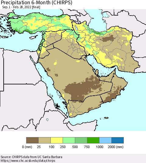 Middle East and Turkey Precipitation 6-Month (CHIRPS) Thematic Map For 9/1/2021 - 2/28/2022