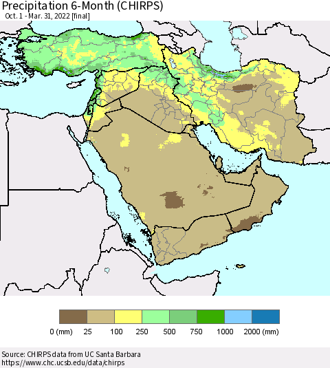 Middle East and Turkey Precipitation 6-Month (CHIRPS) Thematic Map For 10/1/2021 - 3/31/2022