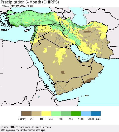 Middle East and Turkey Precipitation 6-Month (CHIRPS) Thematic Map For 11/1/2021 - 4/30/2022