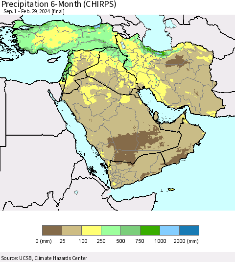 Middle East and Turkey Precipitation 6-Month (CHIRPS) Thematic Map For 9/1/2023 - 2/29/2024